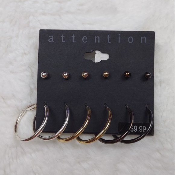 Attention Hoop & Post Earrings Set | Silver Gold Black Metal Color | 6 Pairs - Picture 1 of 5